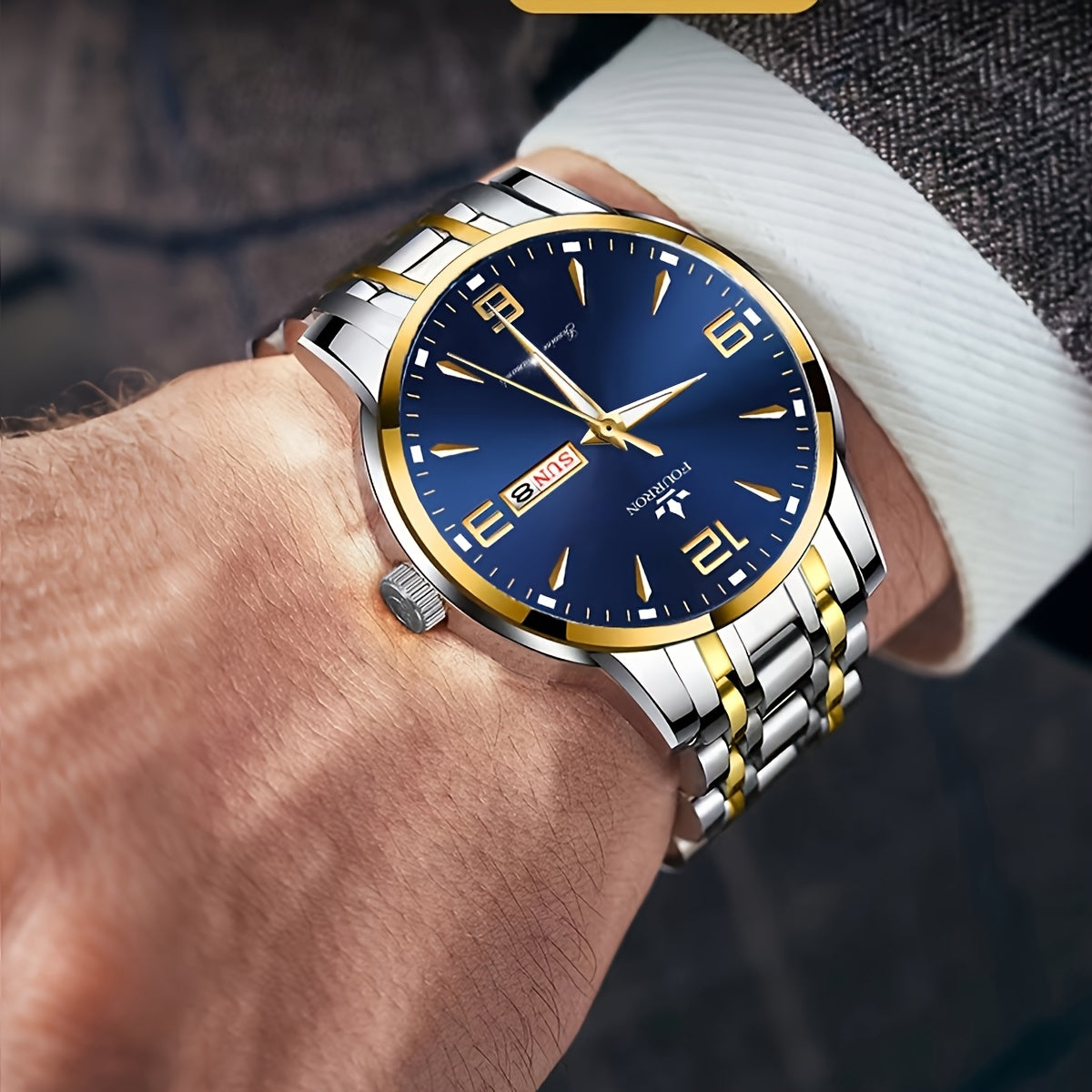 1pc New FOURRON Men's Stainless Steel Strap Quartz Watch - Large HD Scratch Resistant and Wear-Resistant Dial, IPX7 Waterproof, Luminous, Date & Calendar Function, Silent Movement, Stylish Gift for Him