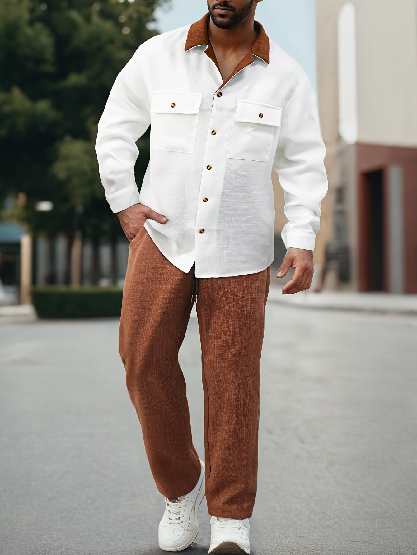New Autumn And Winter Two-Piece Set Featuring a Color-Blocked Long-Sleeve Shirt with a Suit Collar And Straight-Leg Casual Trousers.