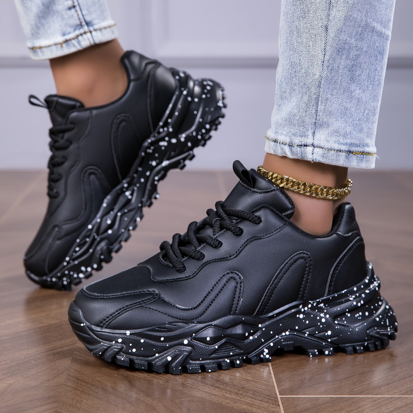 Women's Black Chunky Sneakers - Anti-Slip, Durable Casual Dad Shoes with Glossy Finish & Star Pattern, Lace-Up Low Tops for All Seasons, Allseason Sneakers | Chunky Sole Sneakers | Comfortable Fabric Lining