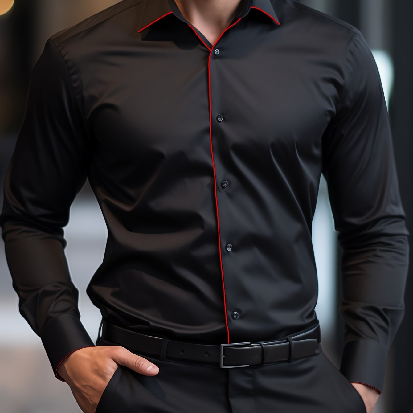 Elegant Men's Solid Color Long Sleeve Dress Shirt with Stylish Contrast Trim - 100% Polyester, Button-Up, Machine Washable - Ideal for Formal & Semi-Formal Occasions