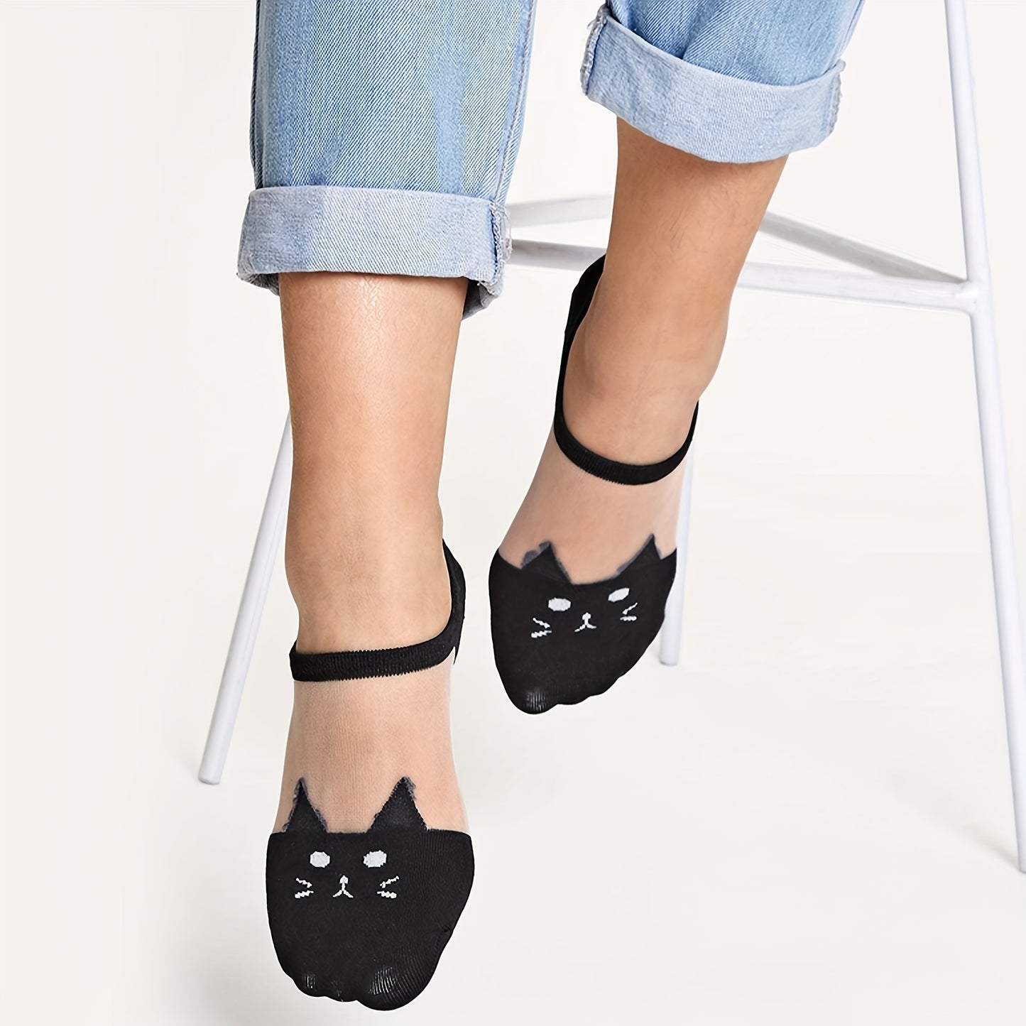 3pcs Women's Cute Cartoon Cat Ankle Socks - Ultra-Thin, Breathable Nylon Blend, No-Show Low-Cut Design, Black & White Two-Tone Pattern with Blue Eyes, Perfect for Summer, Casual Wear Socks | Cartoon Cat Design | Flexible Sock