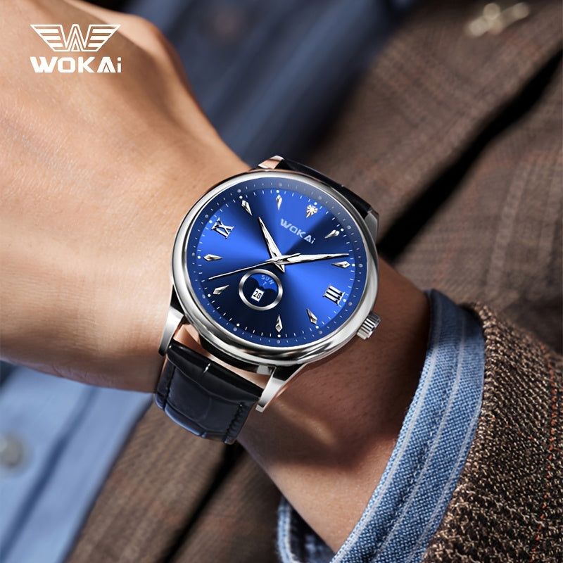 WOKAI Men's Sporty Watch with Glowing Dial, World Time & Date, Round Plastic Case, Faux Leather Strap, Battery-Powered, Perfect Gift for Spring & Summer