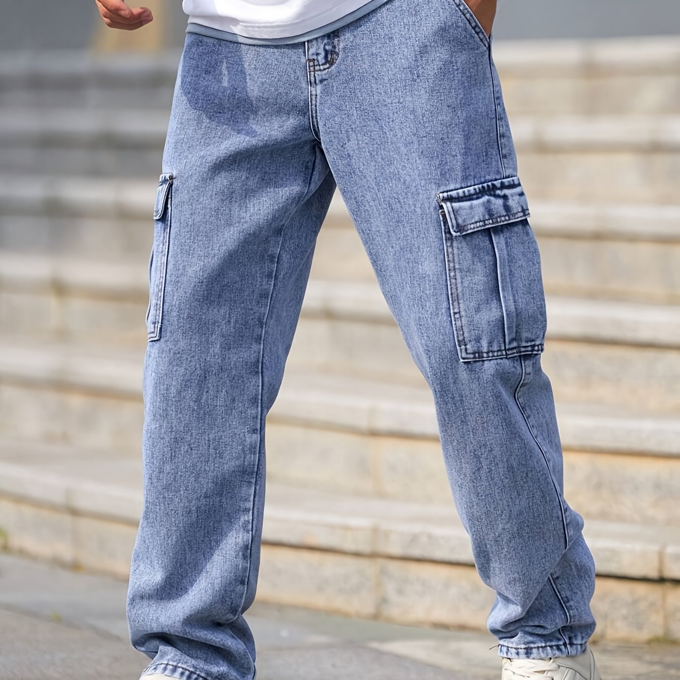 Men's Multi-Pocket Cargo Jeans - Casual Loose Fit Denim with Flap Pockets, Durable Cotton Blend, Ideal for All Seasons, Casual Wear Pants | Classic Blue Jeans | Cotton Blend Jeans