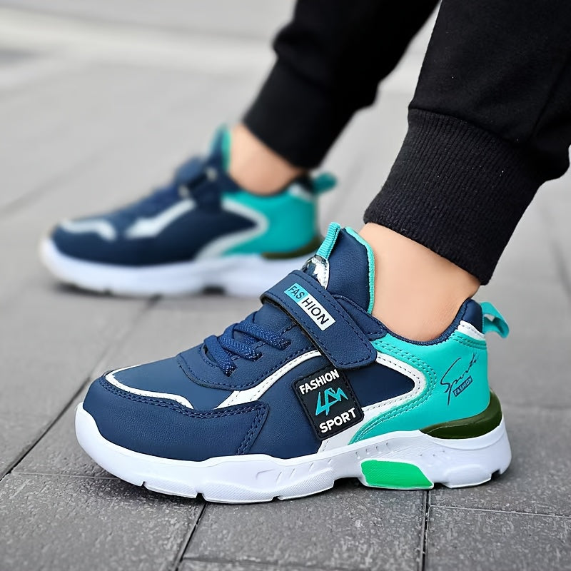 Boys' Lightweight Running Shoes with Closure - Stylish Low-Top Sneakers, Navy Blue & Teal Accents, EVA Cushioned Sole for All-Season Outdoor Activities, Youngsters Running Shoes, Allseason Footwear, Modern Sneakers, Fabric Li