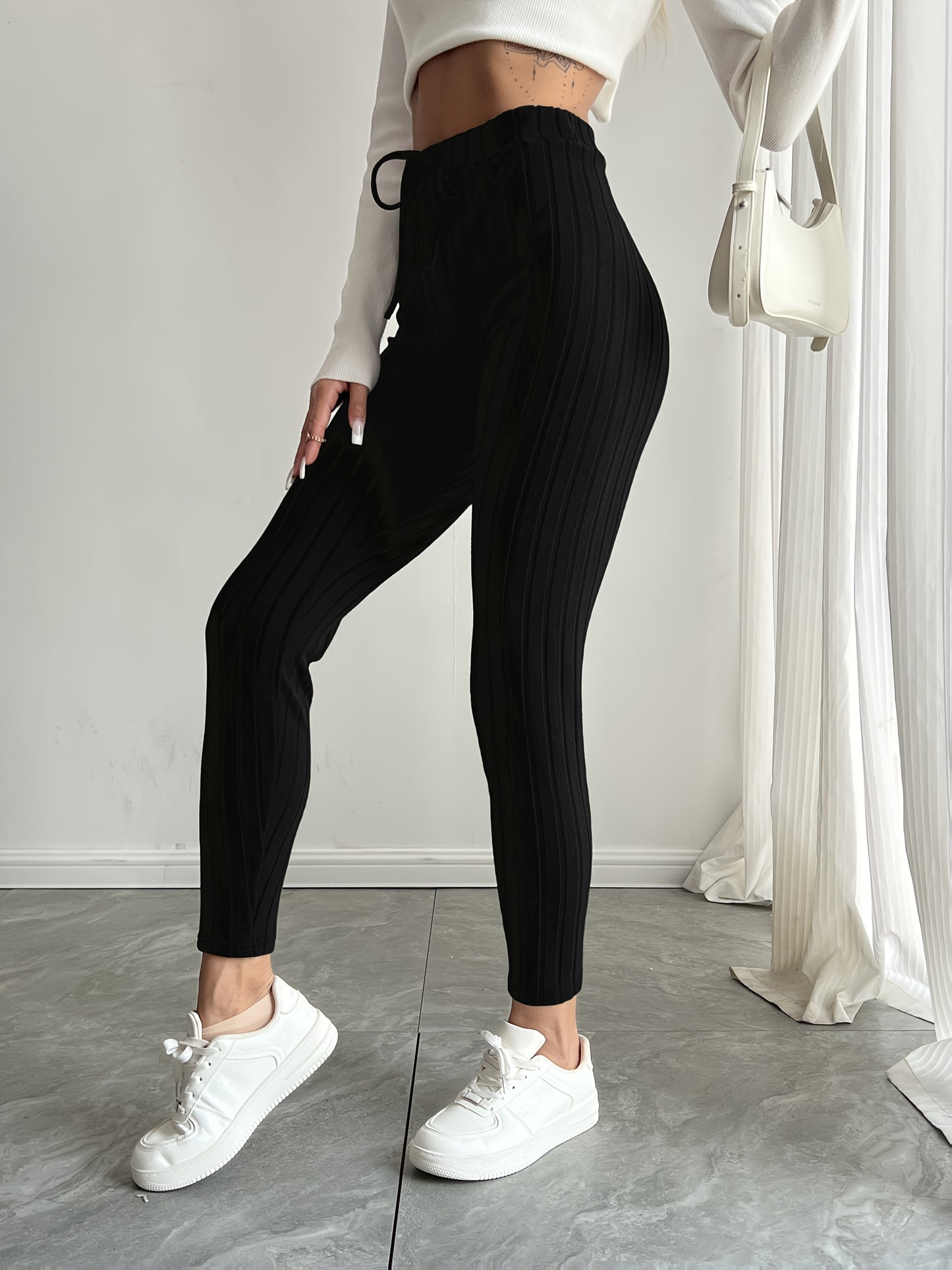 High-Waisted Drawstring Skinny Knitted Pants For Everyday Wear - Solid Color Women's Casual Clothing