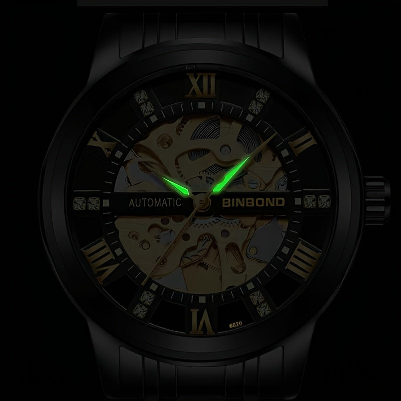 Stylish Men'S Fashion Casual Hollow Out Movement Mechanical Watch Waterproof Luminous Automatic Mechanical Watch, Without Battery