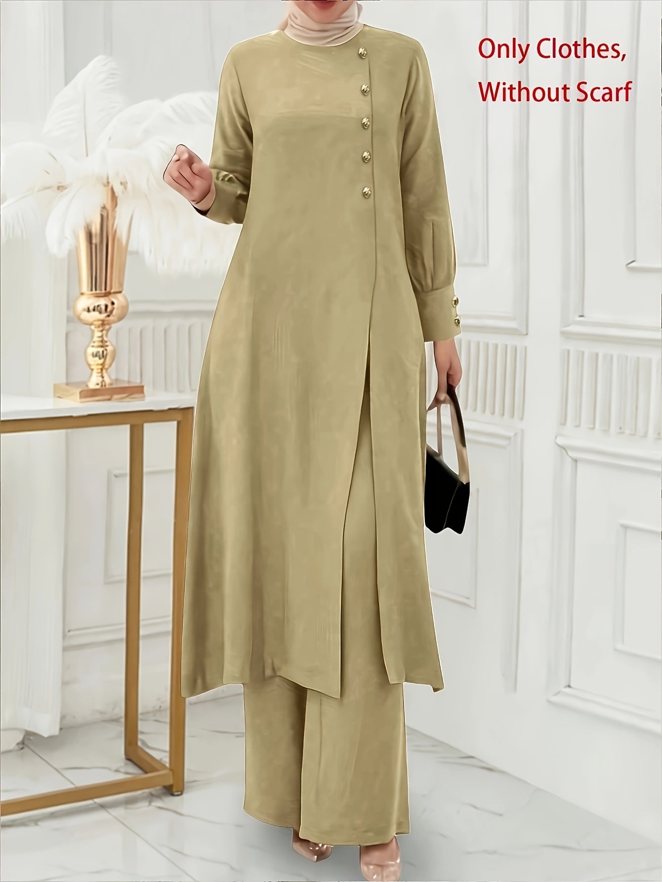 Ramadan, Women's Front-Button Long Sleeve Slit Dress & Pants Casual Arabic Style 2pcs Set, Only Clothes, Without Headscarf