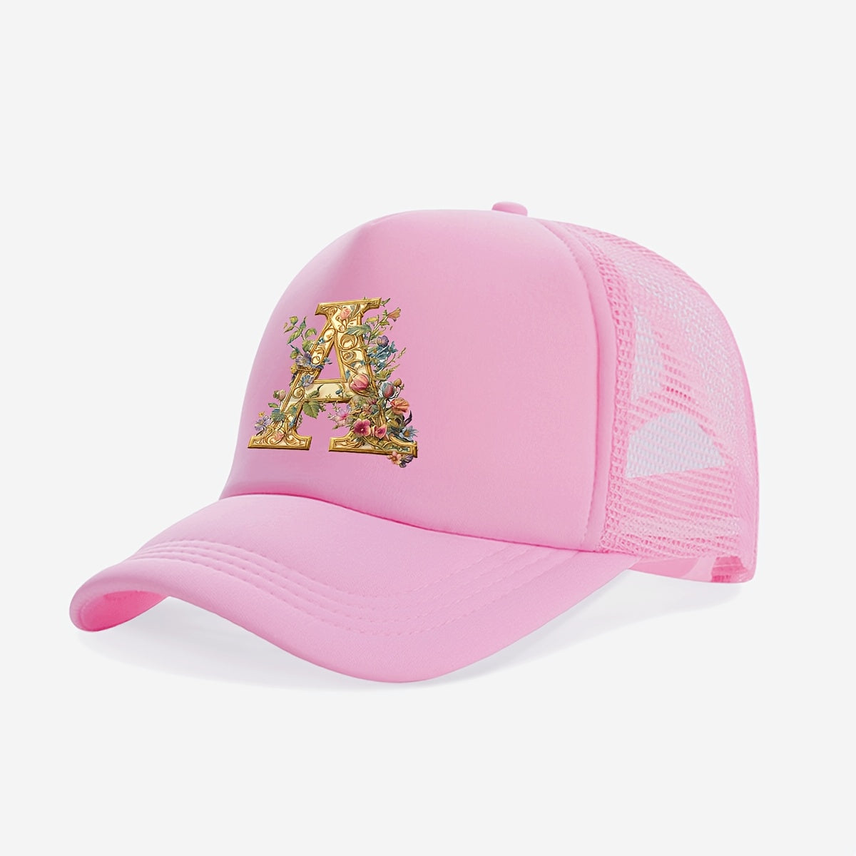 1-Pack Youngsters Trucker Hat with Golden Floral Letter A Design - Breathable Sun Protection, 100% Polyester, Adjustable Snap Closure, Pink for Spring/Summer Outdoor Play, Back to School, Thanksgiving, Teacher's Day (Ages 3-1