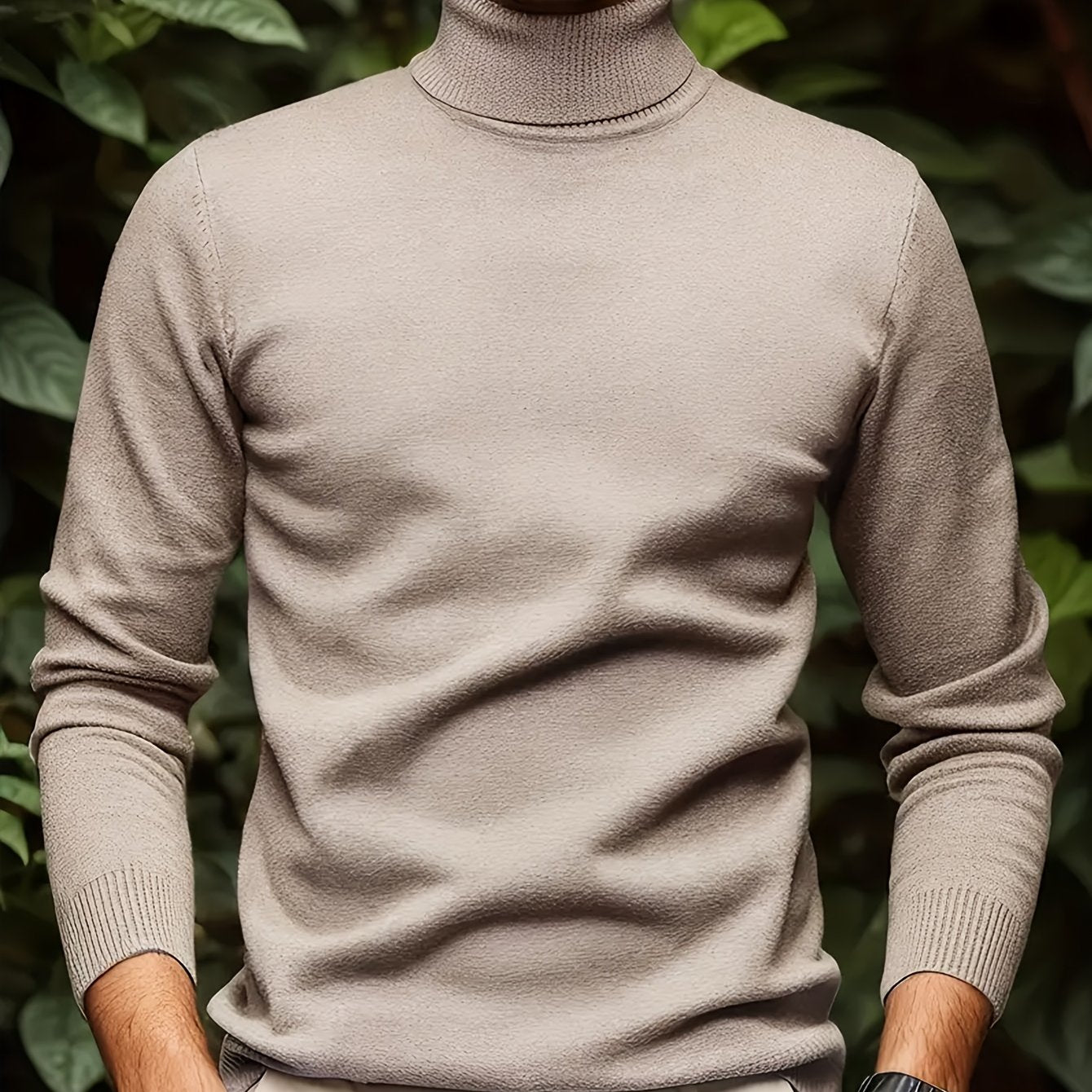 Men's Sleek Light Blue Turtleneck Sweater - Casual Knit Pullover with Ribbed Cuffs, Long Sleeves for Fall/Winter, Soft Viscose Blend