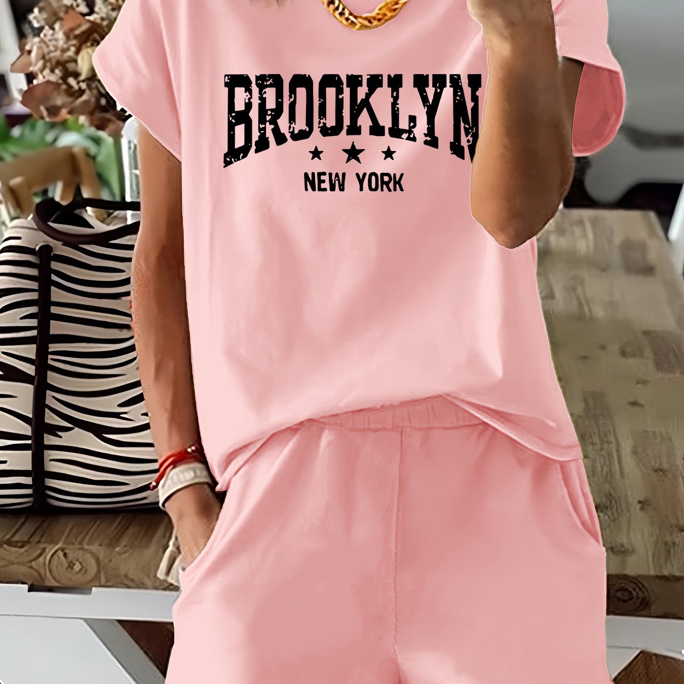 Brooklyn Letter Print Casual T-Shirt & Shorts Set for Women - Stretchy Polyester Blend, Machine Washable
