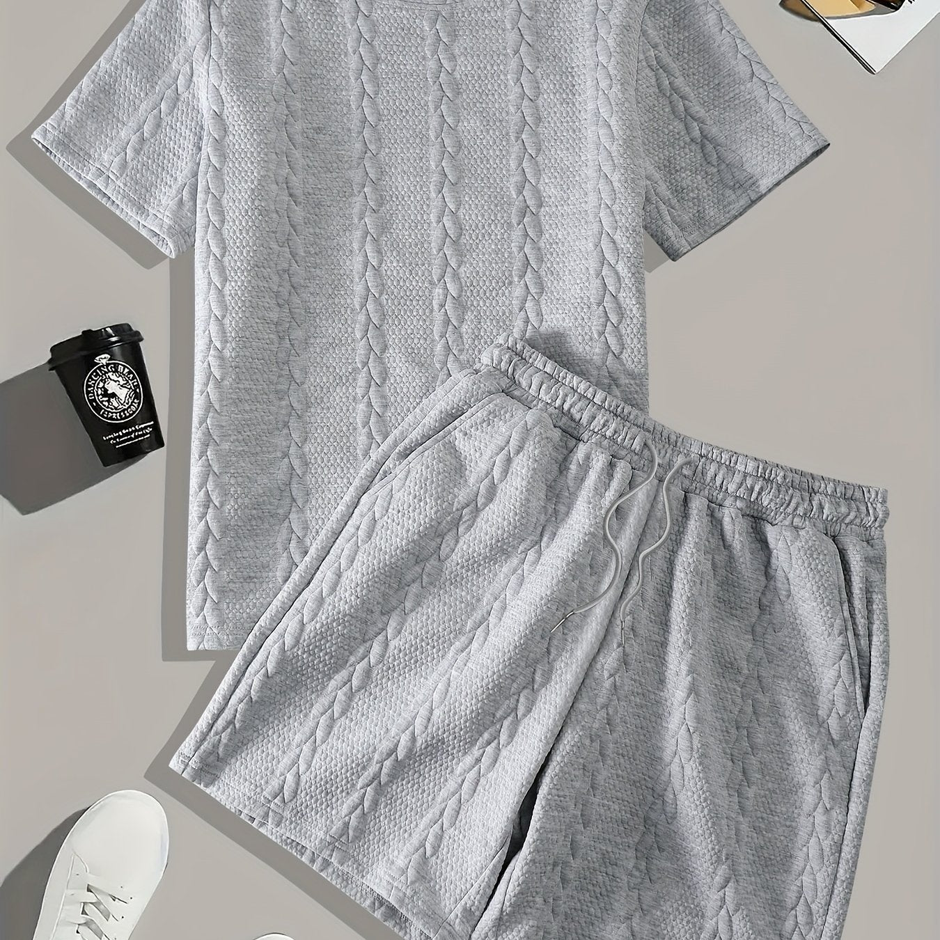 Men'S Casual Short Sleeve T-Shirt and Shorts Set - Knit, Light Gray, Two-Piece, All-Season Comfort, Drawstring Waist, Casual Style, Allseason Comfortwear | Casual Style Set | Knit Texture, Thick