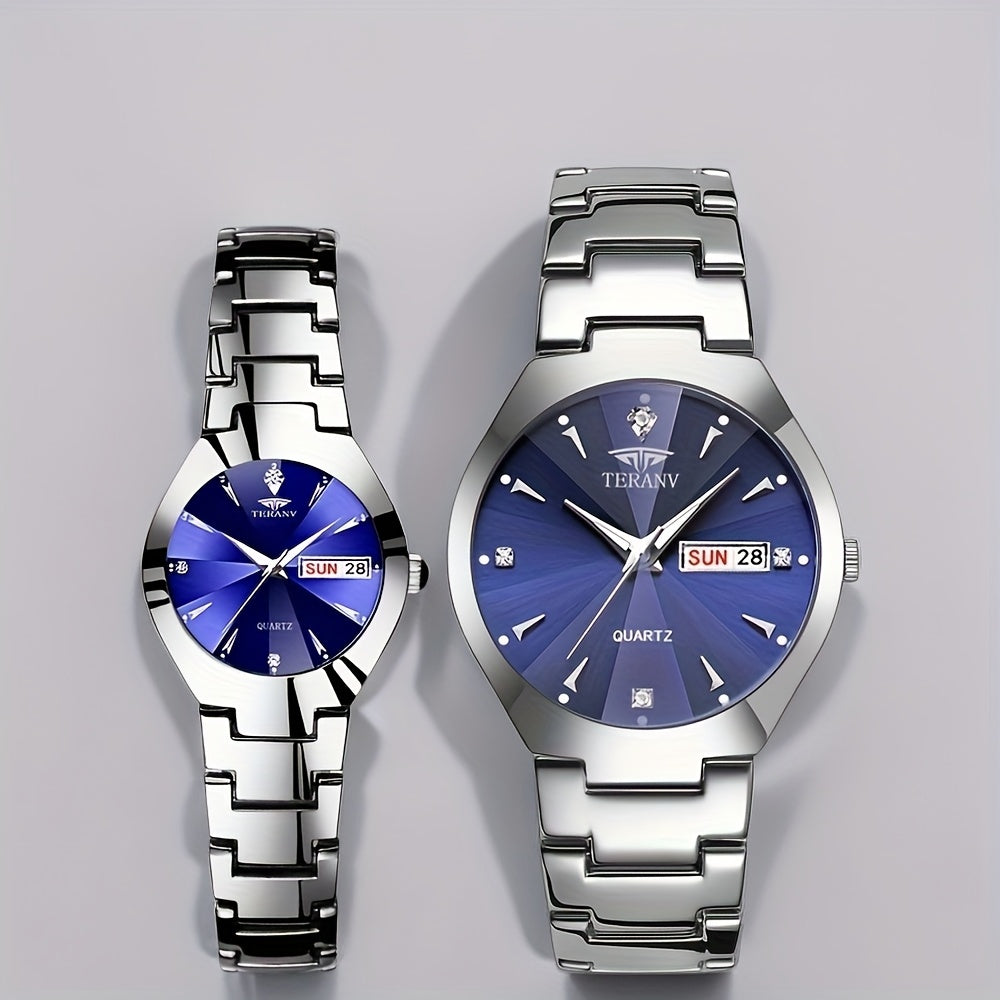 2pcs Couple Watches for Men & Women - Stainless Steel Strap, Rhinestone Accents, Luminous HD Display with Week Calendar, Quartz Movement, Elegant Gift for Valentine's Day, Mother's Day, Father's Day, Special Occasion Watch |