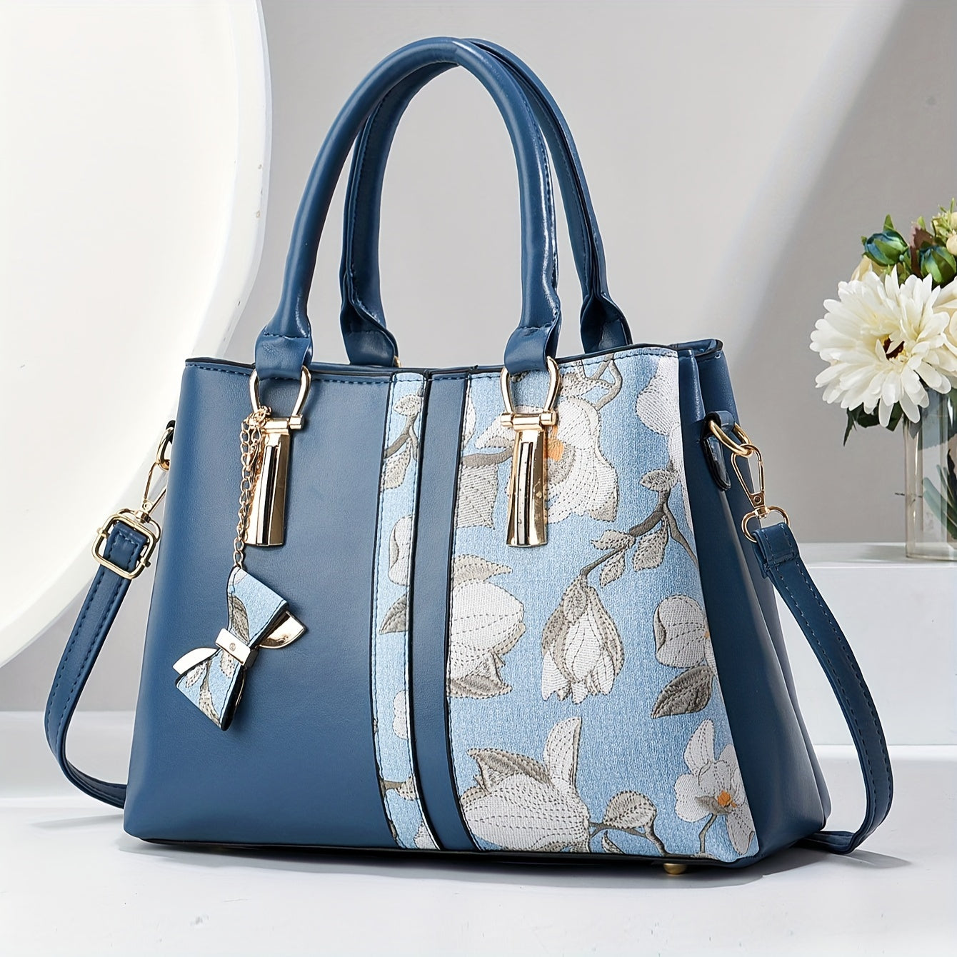 Chic Floral Print Handbag for Wo - Spacious 3-Layer Design with Pockets, Zip Closure, Durable PU Material - Available in Khaki, Cream, Green, Blue, Black