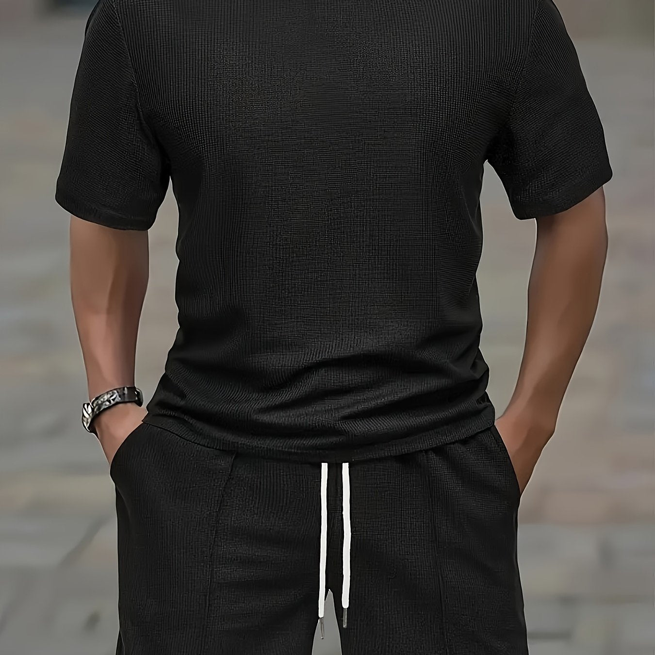 European and American Style Men's Basic Solid Color Set Round Neck Short Sleeve T-Shirt + Shorts Two-Piece Suit