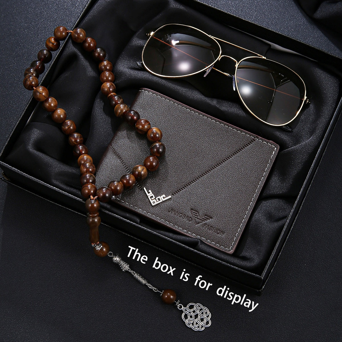 3pcs Men's Business Premium Gift Set: A professional wallet exudes sophistication, agarwood beads enhance workplace wisdom, and high-definition glasses ensure clear vision. The complete set showcases elegance for business gif