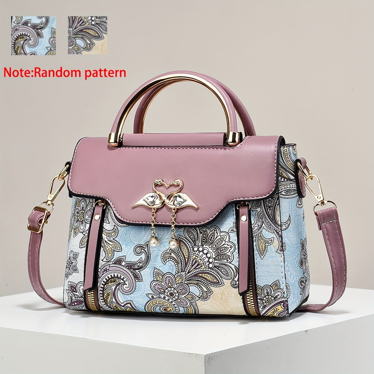 Elegant Floral Print Women'S Crossbody Bag with Magnetic Closure, Adjustable Strap, and Metal Swan Heart Charm, Synthetic Faux Leather Shoulder Purse with Polyester Lining and Painted Edges, Ladies Bag