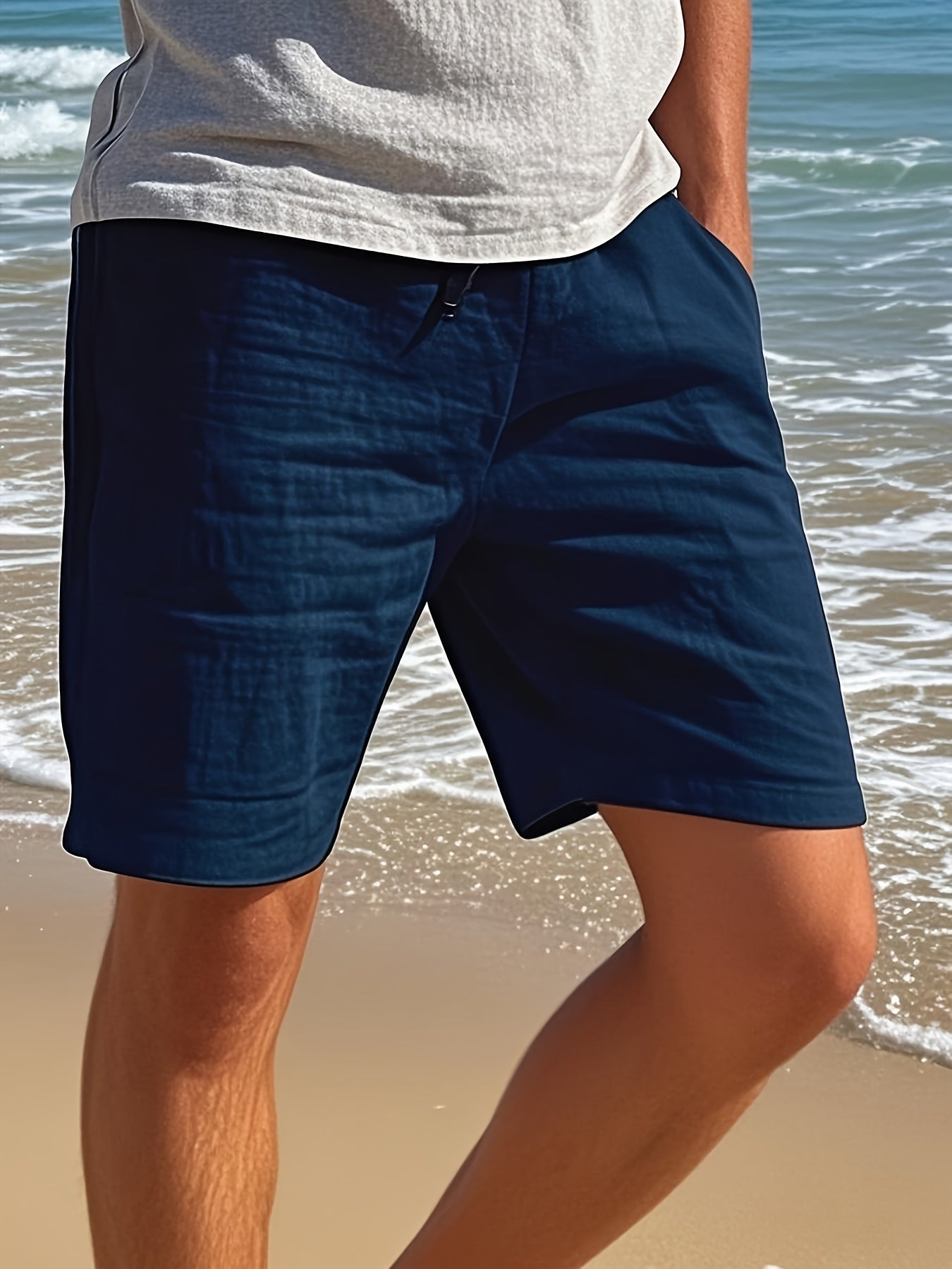 Men'S Light Blue Linen Shorts - Casual & Comfortable with Pockets, Drawstring Waist, Perfect for Summer Beach Outings and Casual Attir