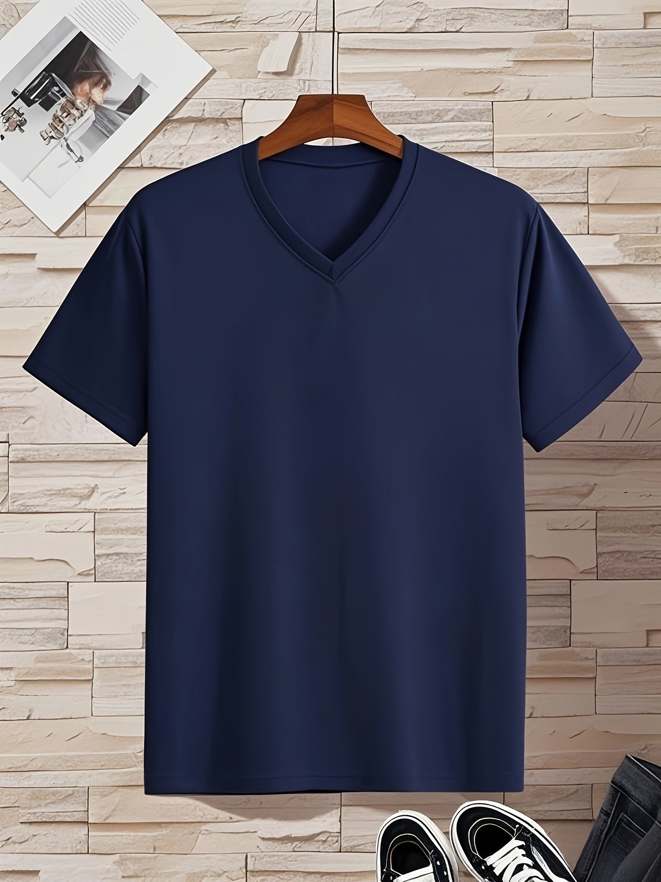 Men'S V-Neck Short Sleeve T-Shirt - Lightweight & Breathable, Casual Fit, Solid Black, Perfect for Summer, High-Quality Knit Fabric, Everyday Tshirt | Casual Style | Comfortable Fit