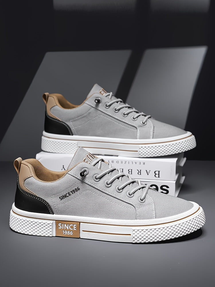 Men's Casual Low-Top Sneakers - Breathable Fabric & Durable PVC Sole, Black & Beige Contrast Design, Lace-Up Round Toe for All-Season Comfort, Versatile for Casual & Semi-Formal Wear, Comfortable Footwear, Fabric Upper