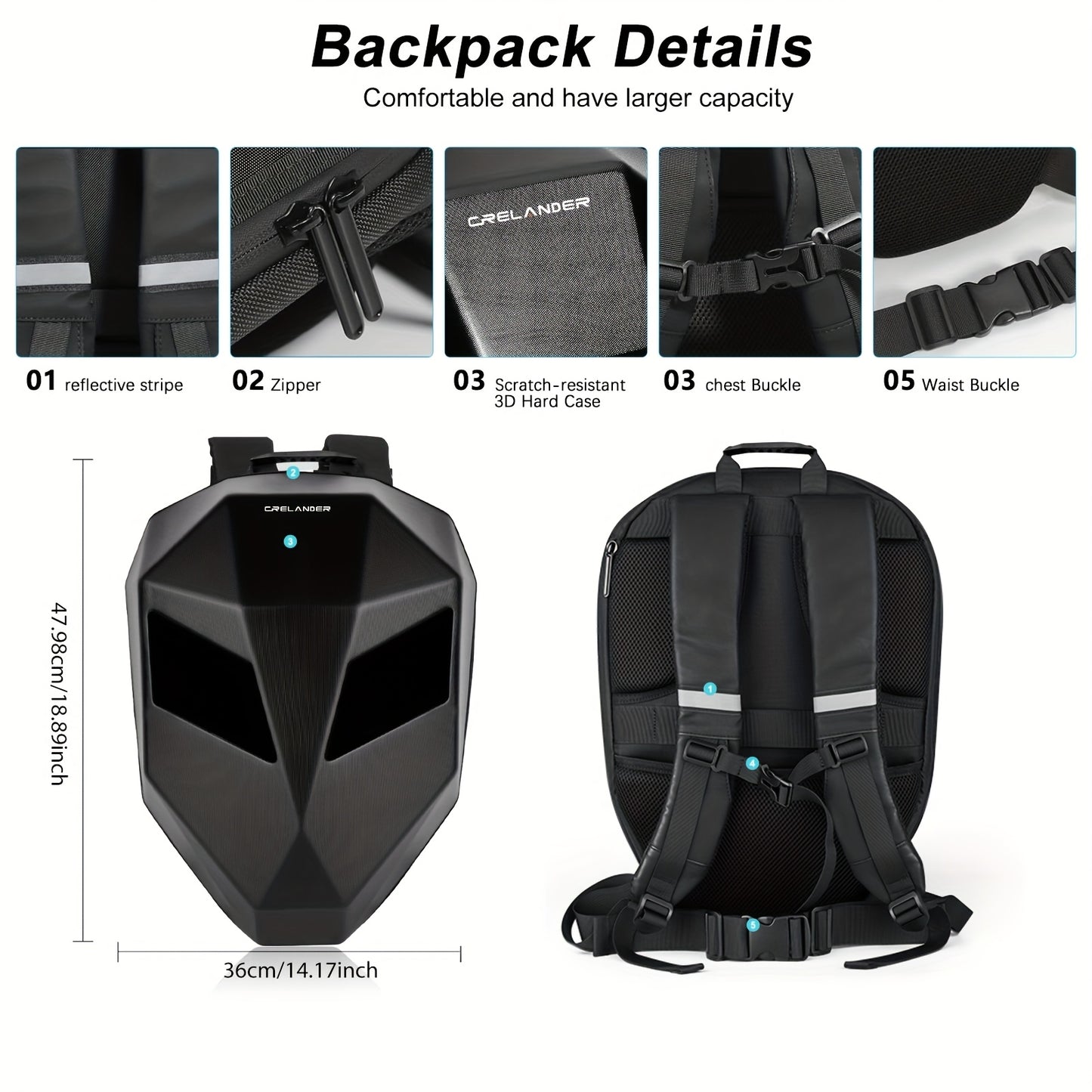 Crelander LED Men'S Motorcycle Backpack - Sleek Black & Red Hard Shell Travel Bag with USB Charging, 48.01cm x 35.56cm Capacity, Ergonomic Design for Camping, Cycling & Outdoor Adventures, Motorcycle Bag, Adventure Gear, Stre