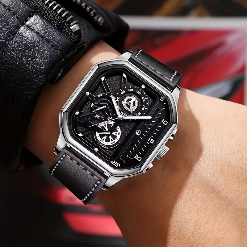 1 Casual Men's Quartz Watch, PU Leather Strap Business Watch Set Suitable for All Occasions, Jewelry Gift for Dad, Boyfriend, Suitable for All Festivals (Box Not Included)