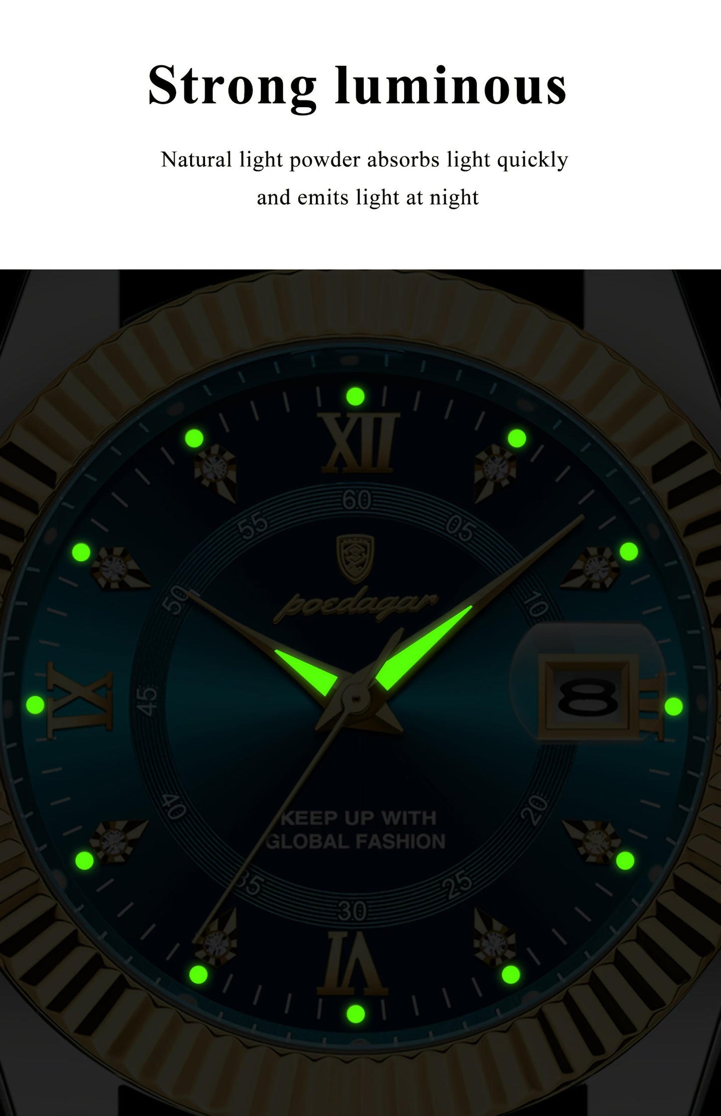 POEDAGAR Luxury Men'S Quartz Watch - Waterproof, Luminous, Stainless Steel Band, Blue & Golden Accents, Date & Week Display, Casual Elegant Timepiece with Backpack Clasp