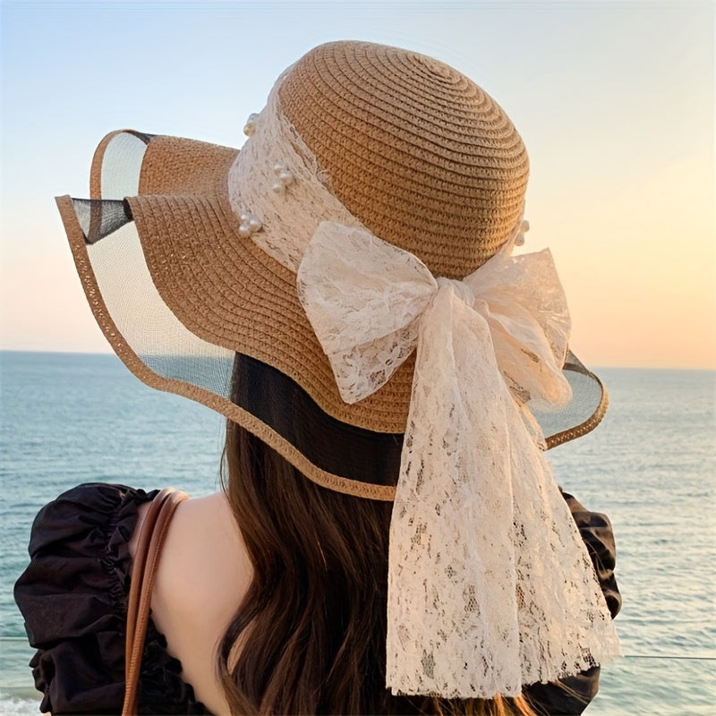 Women'S Elegant Straw Sun Hat with Lace Bow & Mesh Brim - Foldable, Breathable Beach Hat for Summer, Black Ruffled Sleeve Design, Perfect for & Stylish Outfits, Beach Accessories