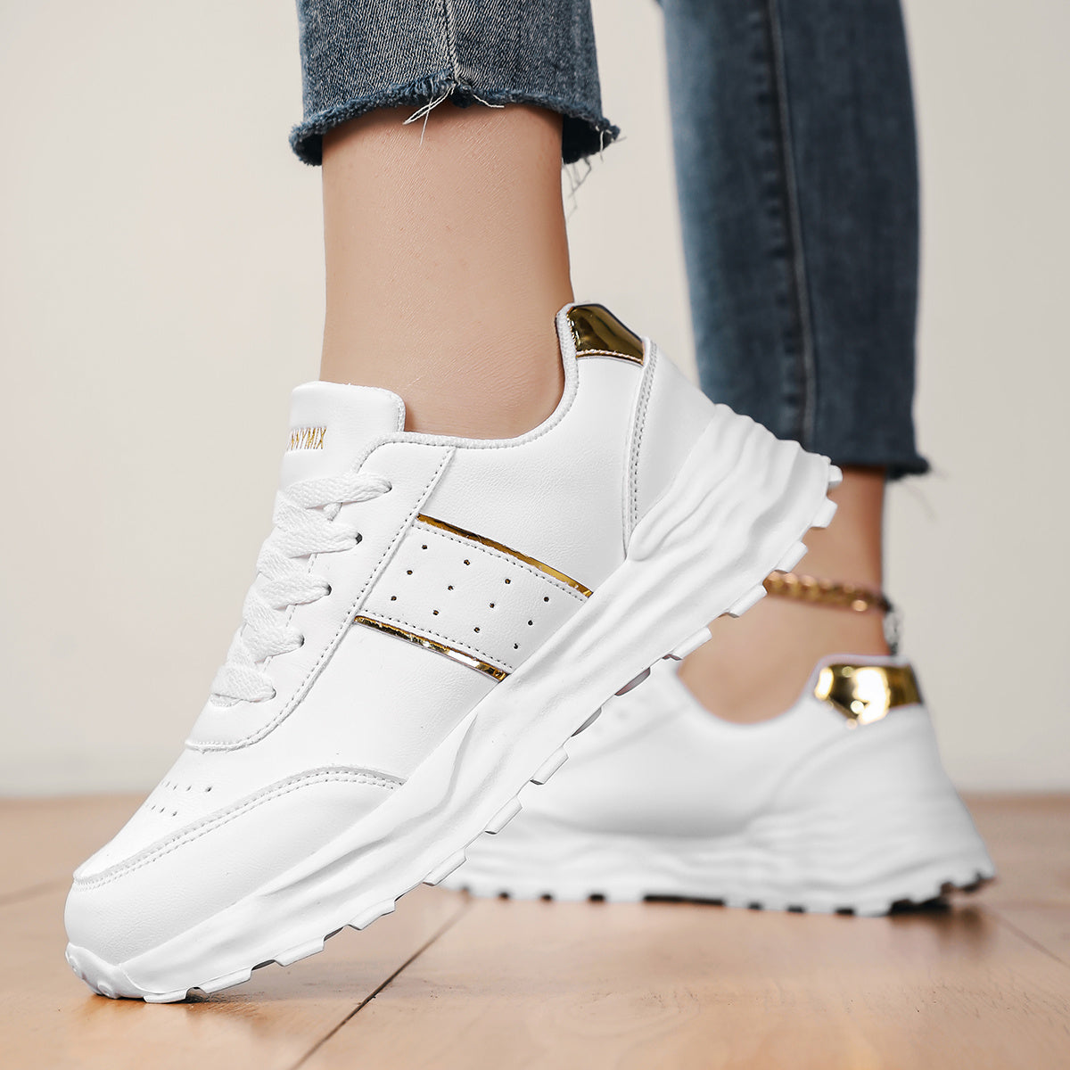 DJSUNNYMIX Women's Casual Running Shoes with Golden Glitter Accents - Lightweight EVA Sole, Breathable Fabric Lining, Low-Top Lace-Up Design for All-Season Comfort & Style, Sporty Footwear | Flexible Footwear