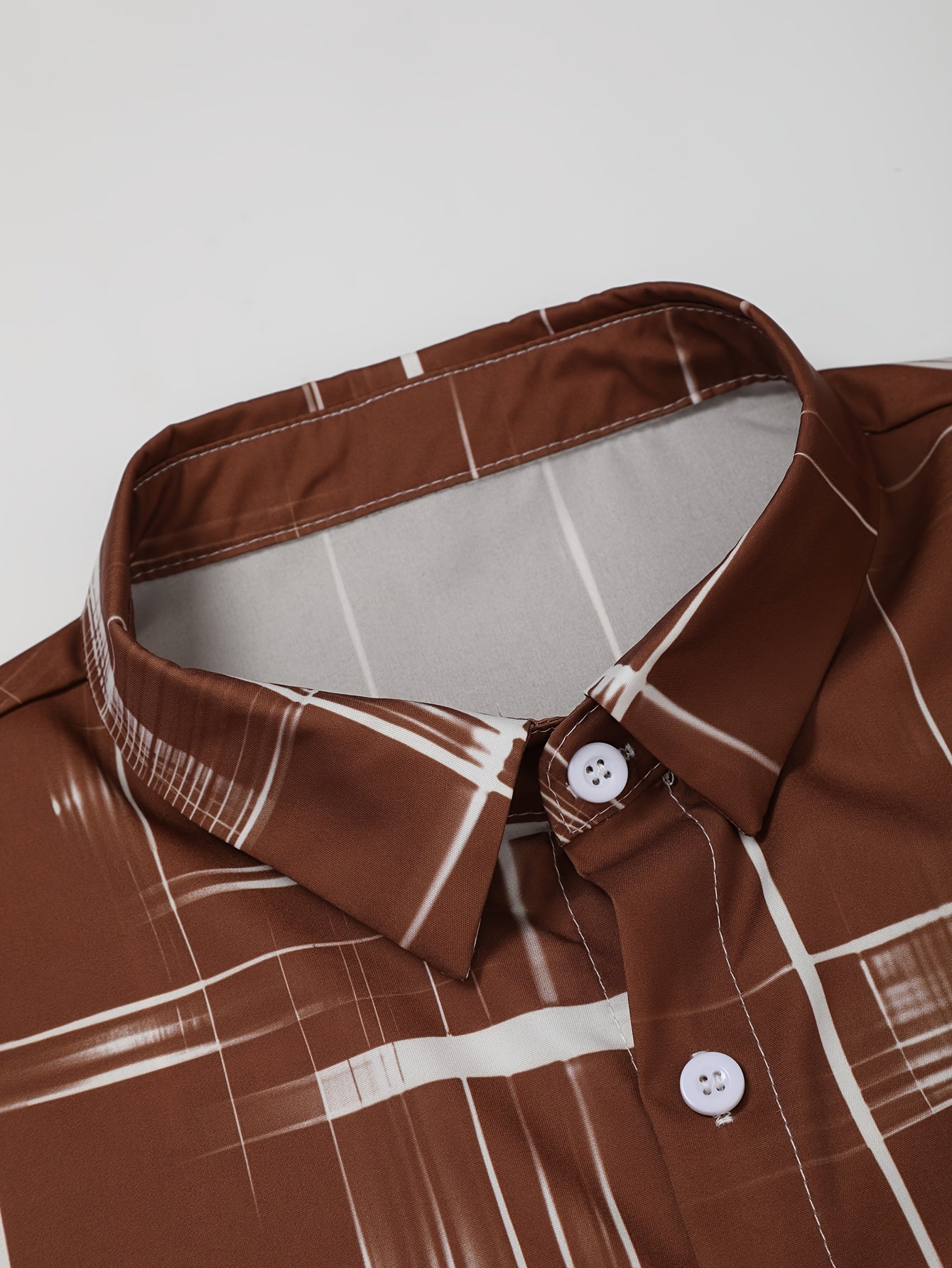 Men'S Stylish Gradient Shirt Set - Brown & White Geometric Pattern, Short Sleeve with Pocket, Loose Fit Shorts, Perfect for Beach, Camping, Fishing & Outdoor Activities, Casual Attire|Geometric Pattern Shirt|Woven Fabri