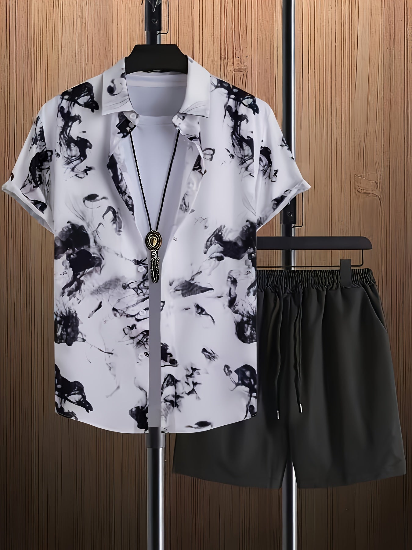 2pcs, Men'S Short-Sleeved Button- Collar Shirt, Print Pattern, Paired with Drawstring Shorts, Men'S Trendy Casual Daily Wea