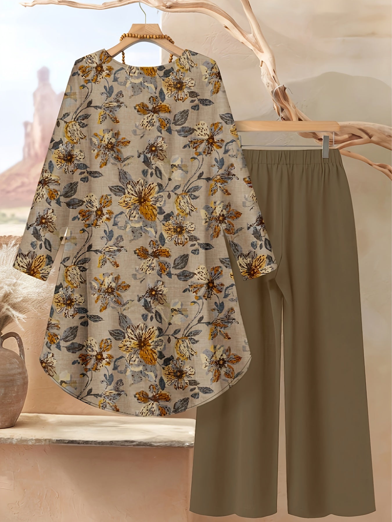 Women's Elegant Casual Floral Print Long Sleeve Top and Loose Pants Two-Piece Set