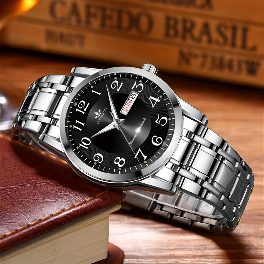 FOURRON Men's Quartz Watch - Trendy and Fashionable Appearance Stainless Steel Band with Luminous & Date Display, Ideal Gift for Birthdays & Holidays, Sunday Calendar Display, Multifunctional Watch, Casual Fashion, Gift for R