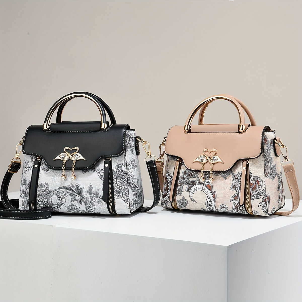 Elegant Floral Print Women'S Crossbody Bag with Magnetic Closure, Adjustable Strap, and Metal Swan Heart Charm, Synthetic Faux Leather Shoulder Purse with Polyester Lining and Painted Edges, Ladies Bag