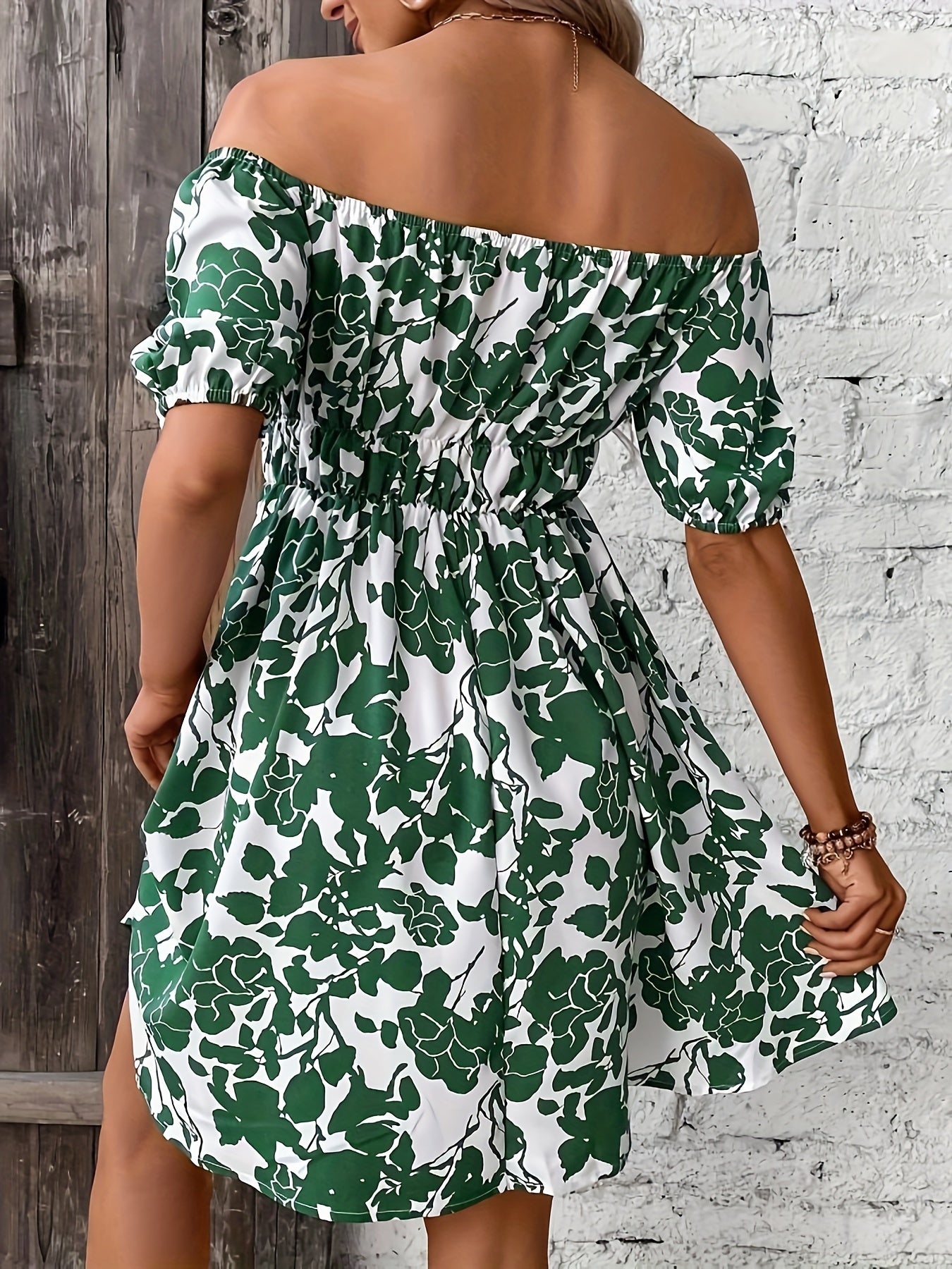 Leaves Print Off Shoulder Aline Dress, Vacation Style Short Sleeve Swing Dress For Spring & Summer, Women's Clothing
