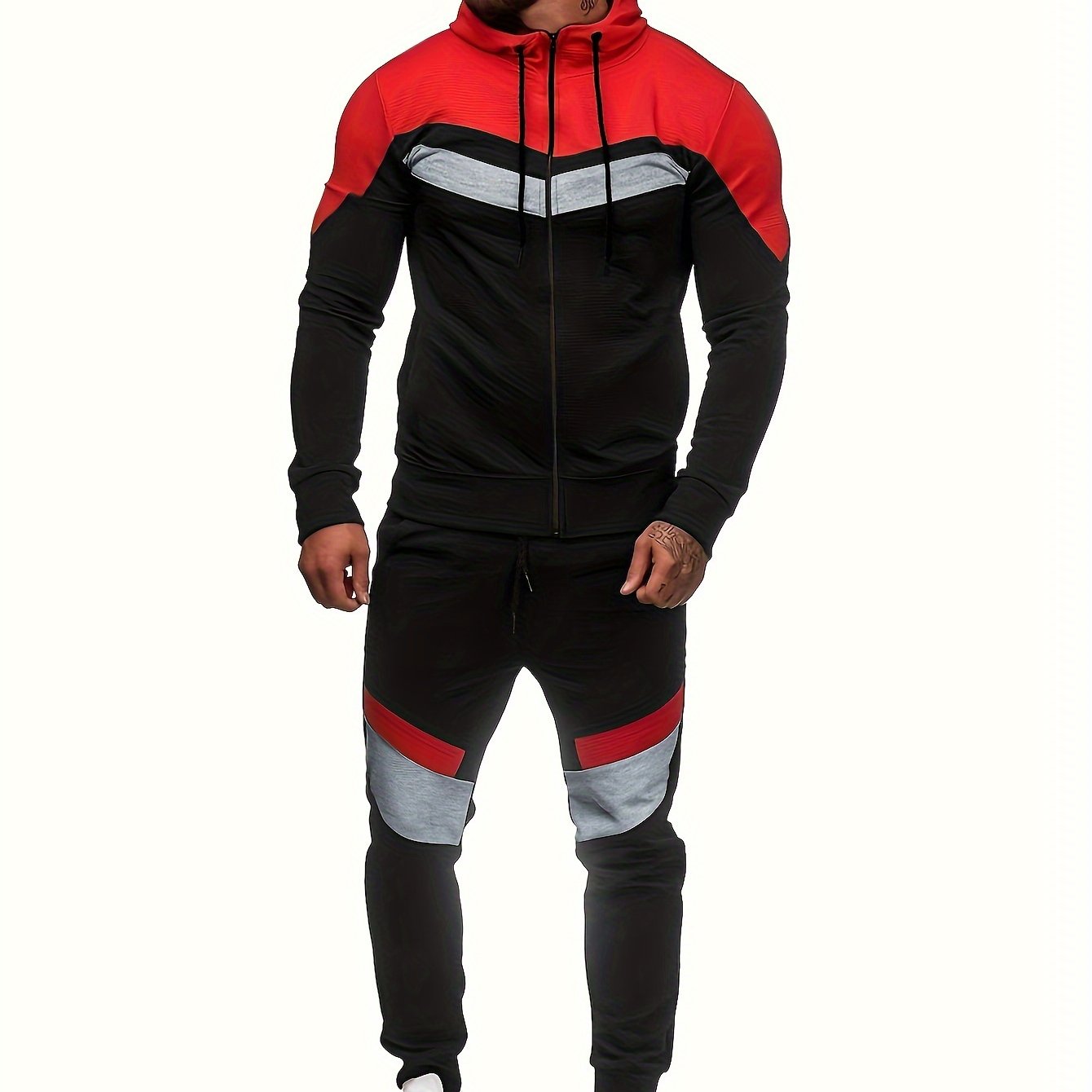 Men'S Autumn and Winter Fleece Sweatshirt Set with Hooded Drawstring Patchwork Sweatpants Casual Sporty Style Long Sleeve Jacket