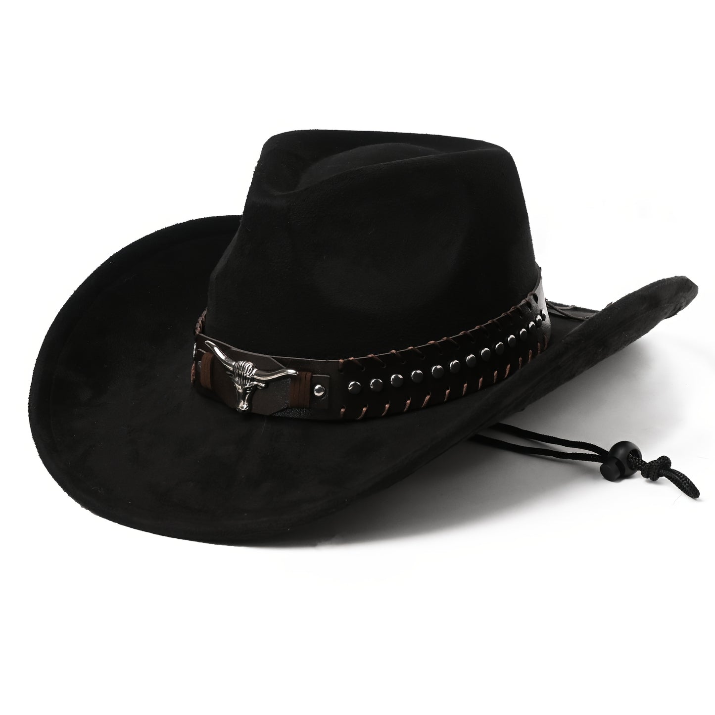 Western Cowboy Hats for Men And Women, Classic Faux Suede with Metal Studs And Bull Pattern, Lightweight Unisex Festival Occasion Hat, Woven Inelastic Polyester with Decorative Accessories, No Feather, Non-Washable