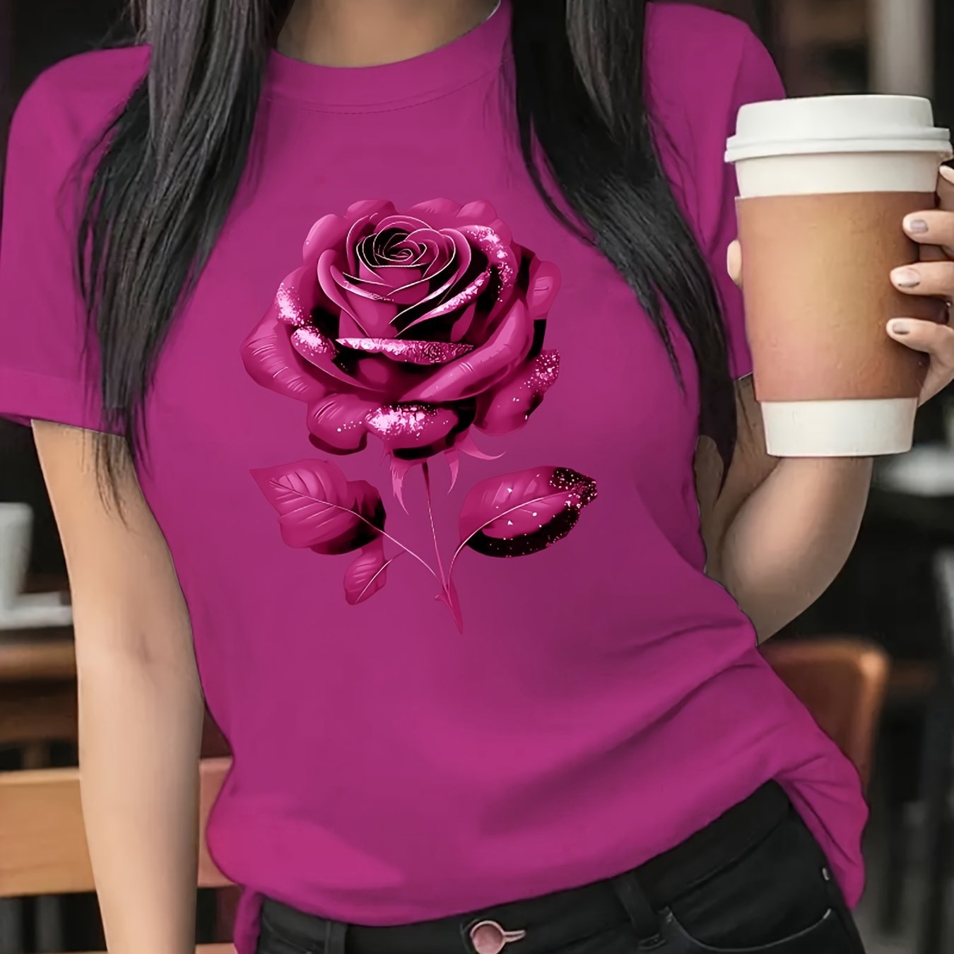 The Black Roseprint t-shirt, short sleeve crew neck casual top for summer & spring, Women's clothing gift