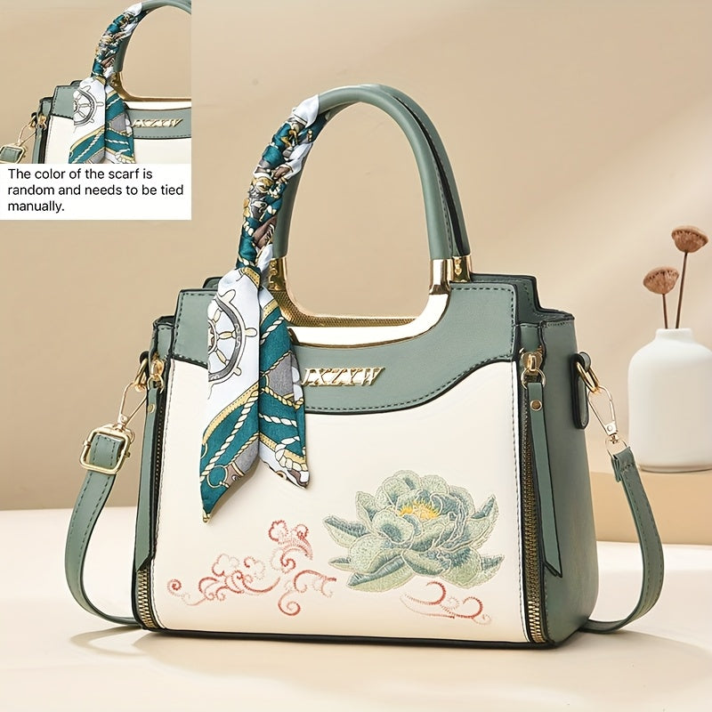 Stylish Women's Large Capacity Handbag with Floral Embroidery, Color-Block Design & Golden-Tone Hardware - Navy/Green/Wine Red, Polyester Lining, Secure Zipper Closure, Durable Commuter Tote for Work, Travel, Gift