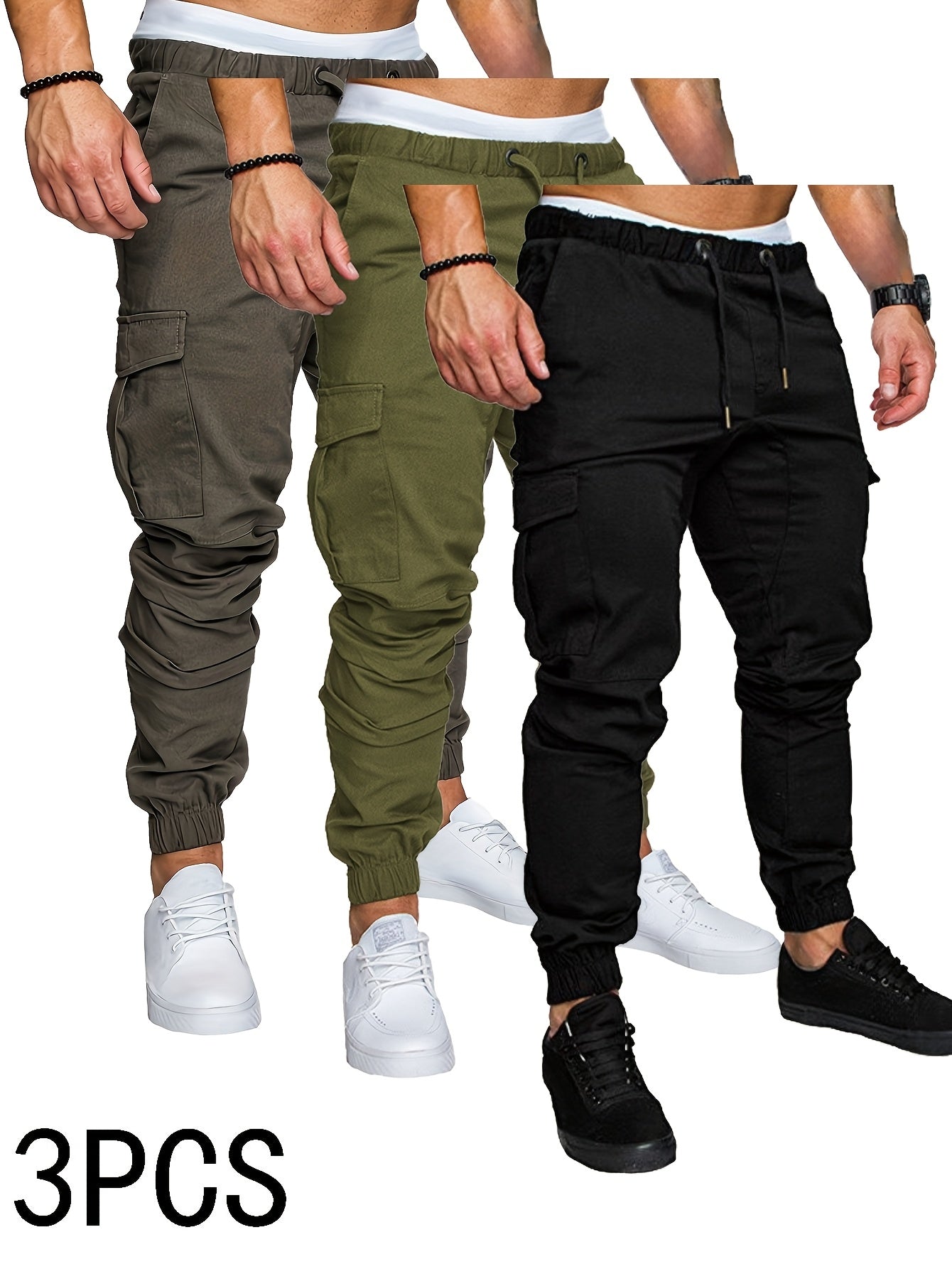 3-Pack Men'S Casual Cotton Cargo Pants, Solid Color, Non-Stretch, Regular Length, Drawstring Waist, Four Seasons, Standard Fit, Woven Fabric