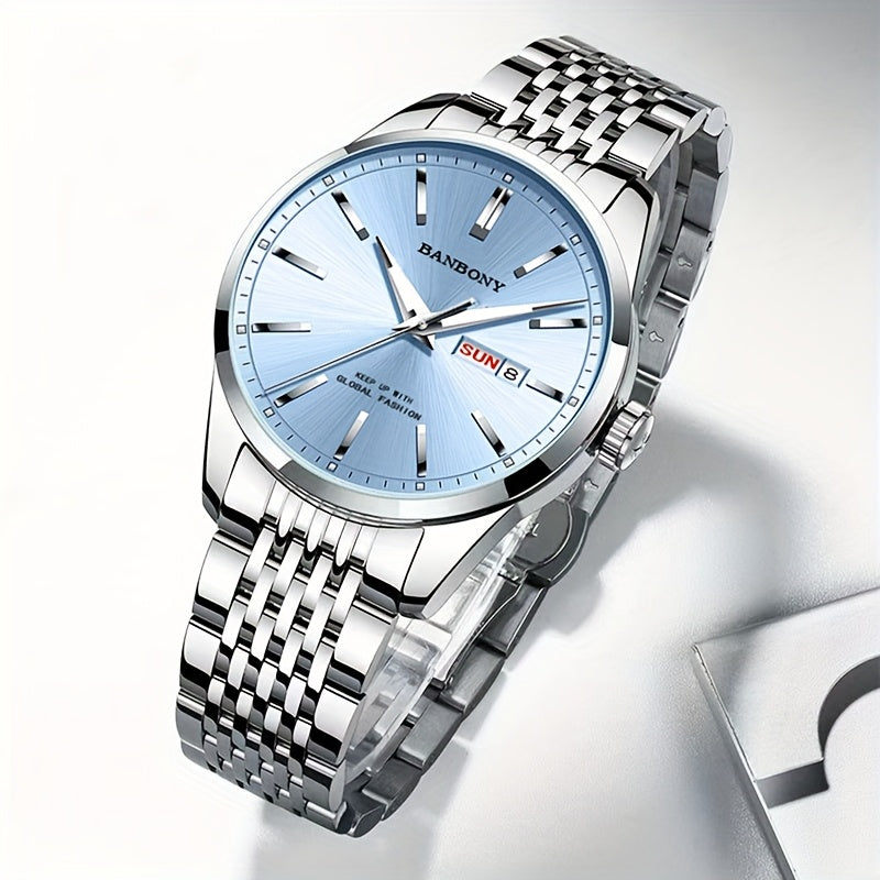 Banbony Men'S Stainless Steel Band Luminous Calendar Watch, IPX7 Waterproof, Quartz Movement, Round Zinc Alloy Case, Casual Fashion Style, with Pointer Display, Battery Powered, Non-rechargeable Button Battery, for B day