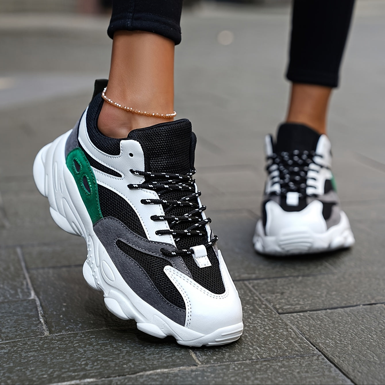Thick Sole Shock Absorption Chunky Sneakers, Mesh Breathable Lightweight Lace Up Running Shoes, Low Cut Wear Resistance Sport Shoes