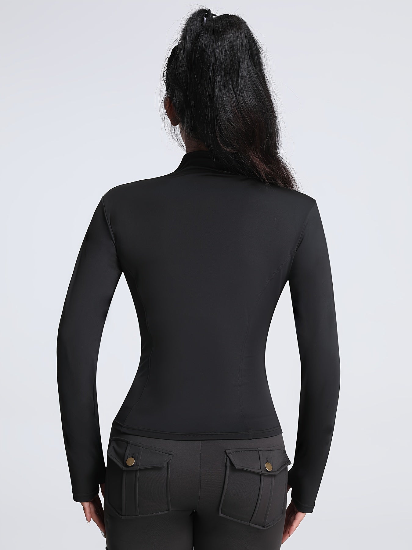 Women's Sleek Black Athletic Zip-Up Jacket - Comfortable Stretch Knit, Long Sleeve, Thumb Holes, Machine Washable - Perfect for Fitness & Casual Wear