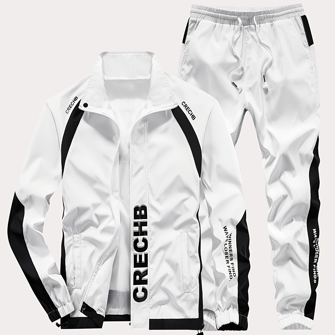 Unisex Sportswear Set for Spring And Autumn, Featuring a Zip-Up Jacket with a Stand Collar And Striped Long Pants in Black And White, a Stylish Outfit That Makes a Great Gift, Sweat-Resistant, Hand Wash Only, Workout Accessor