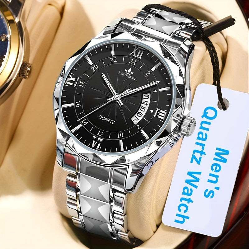A New FOURRON Brand Men's Quartz Watch With Stainless Steel Strap And Case, Trendy And Luxurious Multi-functional Roman Numeral Dial, Luminous Watch, A Great Gift For Friends' Birthdays, Holidays, And Parties.