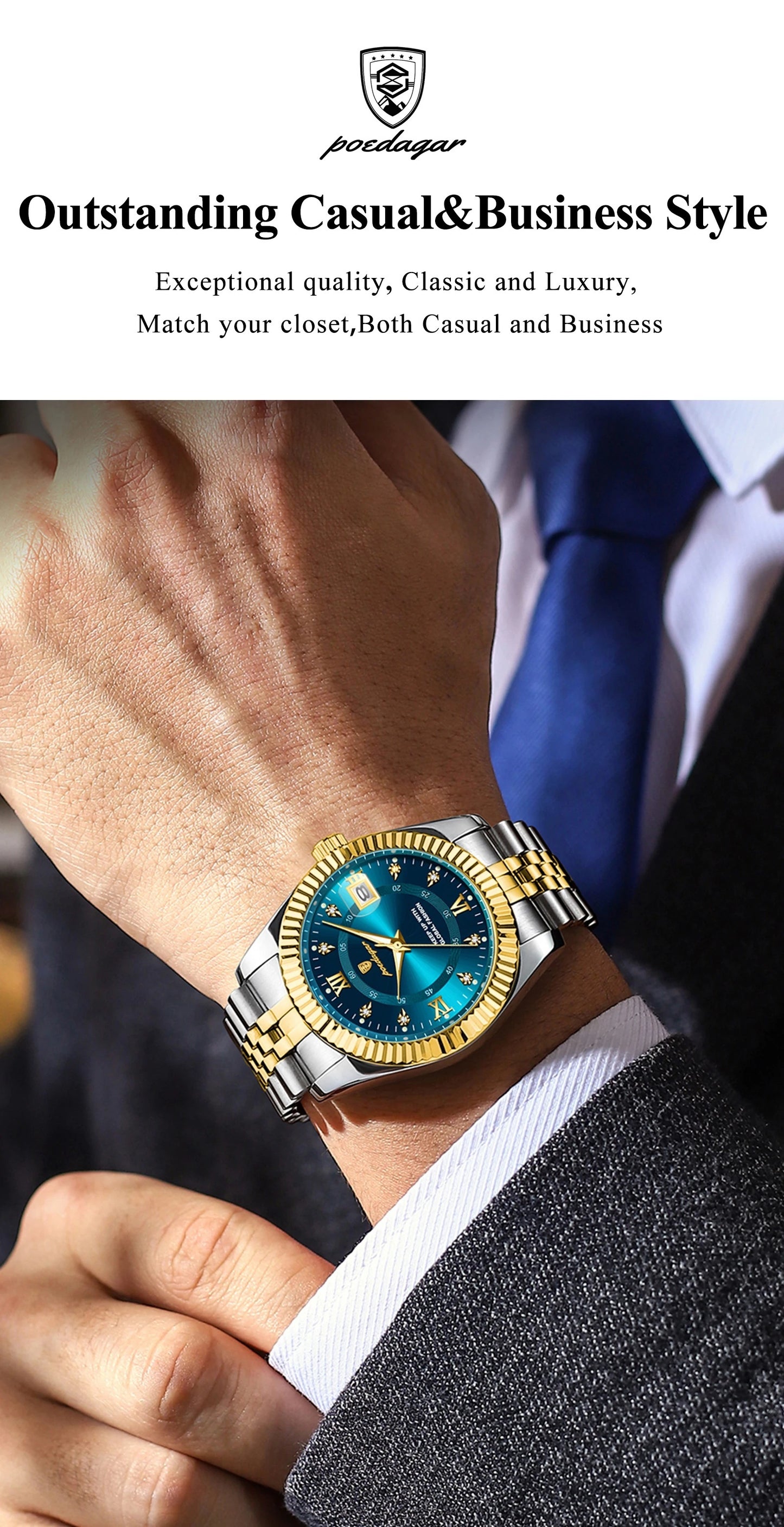 POEDAGAR Luxury Men'S Quartz Watch - Waterproof, Luminous, Stainless Steel Band, Blue & Golden Accents, Date & Week Display, Casual Elegant Timepiece with Backpack Clasp