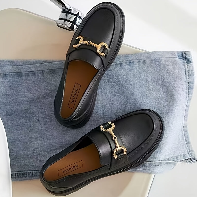 Women's Summer Fashion Loafers - Slip-On Platform Shoes with Metallic Buckle Decor, Round Toe, Cream/Black/Brown, Thick Sole TPU Material for Casual Outdoor Wear