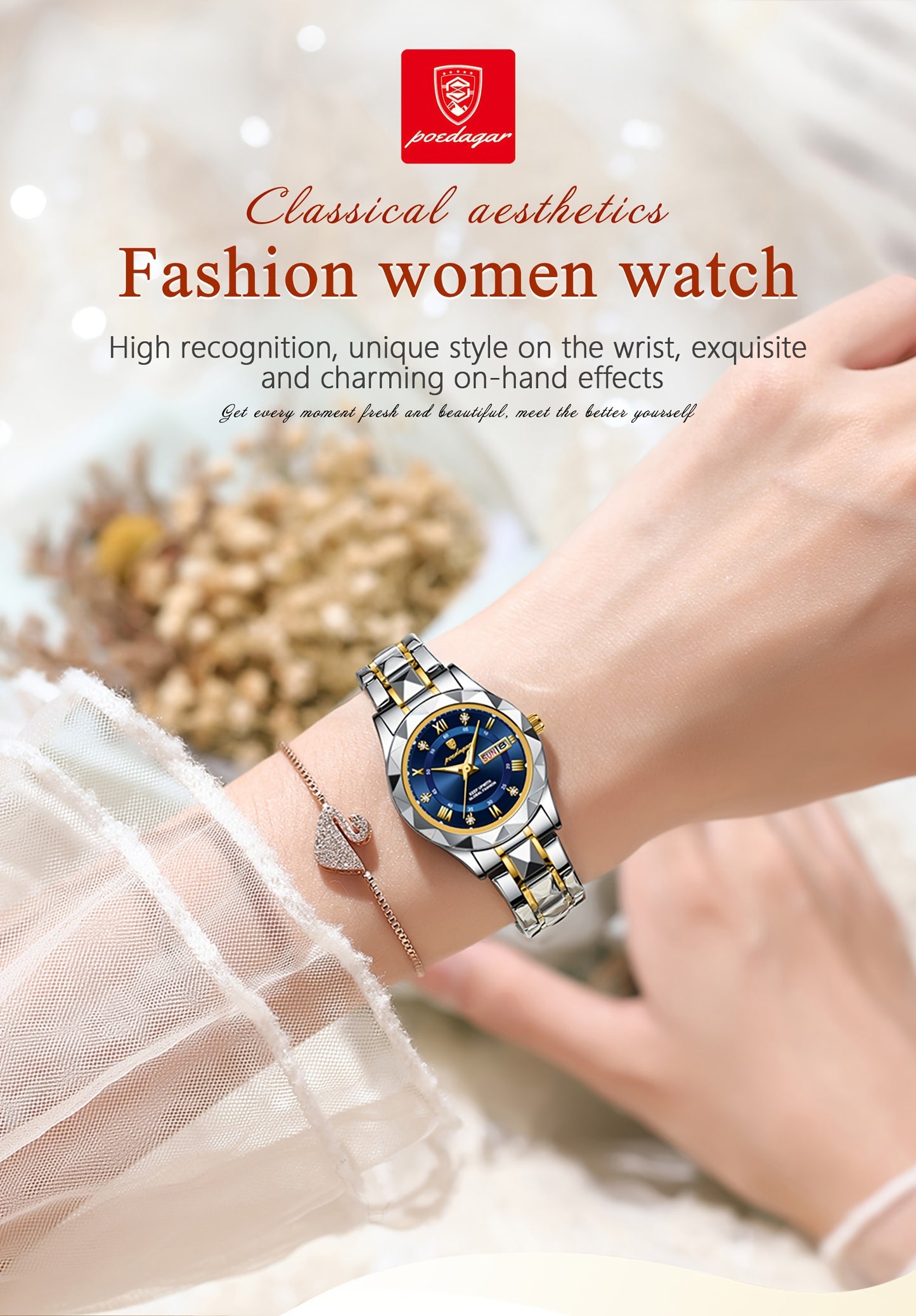 POEDAGAR Women's Elegant Stainless Steel Quartz Watch with Luminous Blue Dial, Roman Numerals, Date Calendar, IPX7 High Quality & -Accented Band for Casual & Formal Wear
