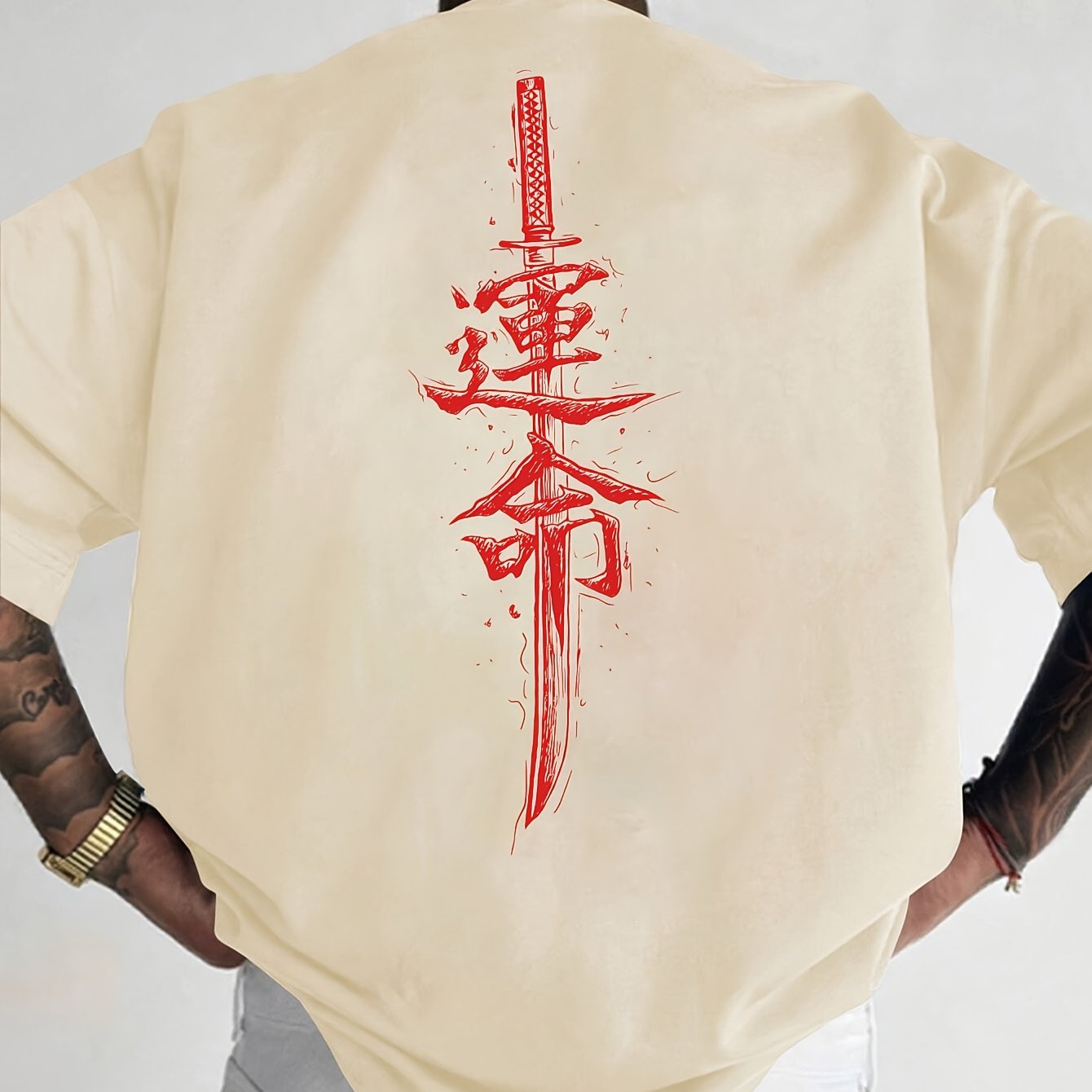Men'S Japanese Samurai Sword Graphic T-Shirt - Casual Loose Fit Crew Neck, Short Sleeve Tee with Red Stylized Japanese Katanas Design, Breathable Polyester for Spring & Summer Outdoor Wear