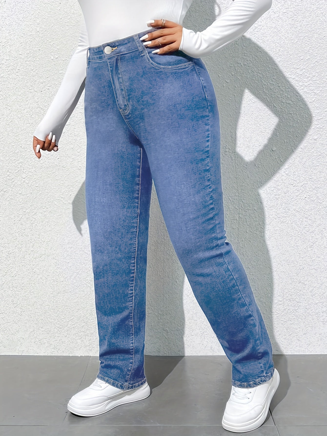 Women's Stretch Straight-Leg Jeans | Elegant Series | Comfortable High-Waist Denim Pants with Built-In Belt and Zip Closure | All-Season Casual Wear | Machine Washable | Multi-Size Available