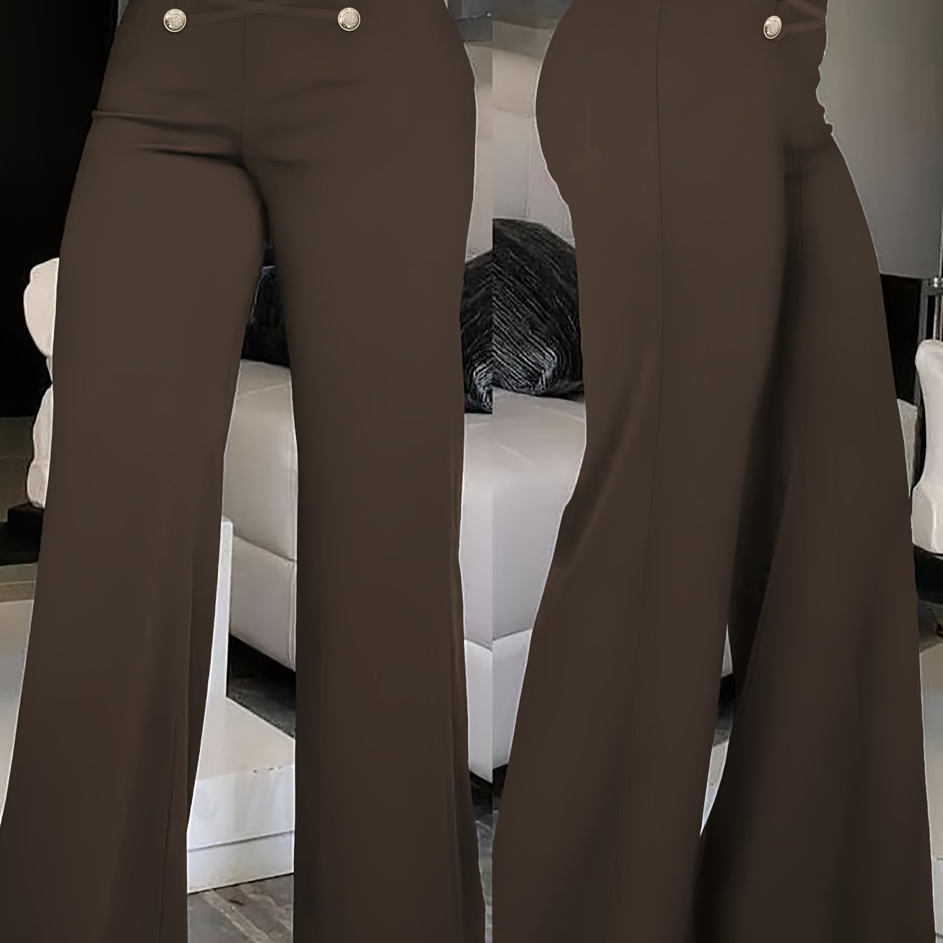 Elegant Double-Breasted Waistband Casual Pants, Solid Color, Polyester, Machine Washable - All Seasons, Queen Style, High-Grade Design